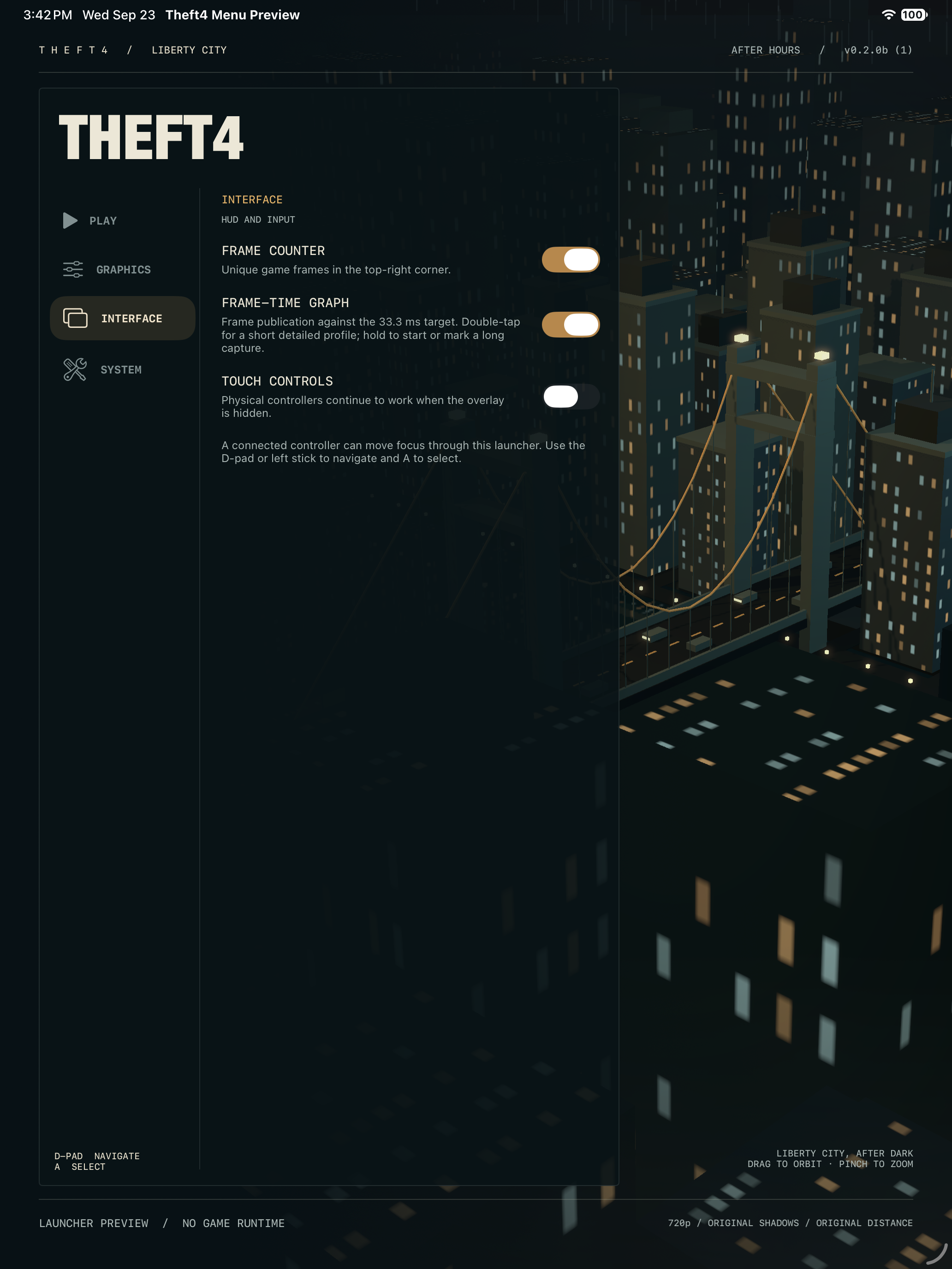 Theft4 Interface page with Frame Counter and Frame-Time Graph enabled