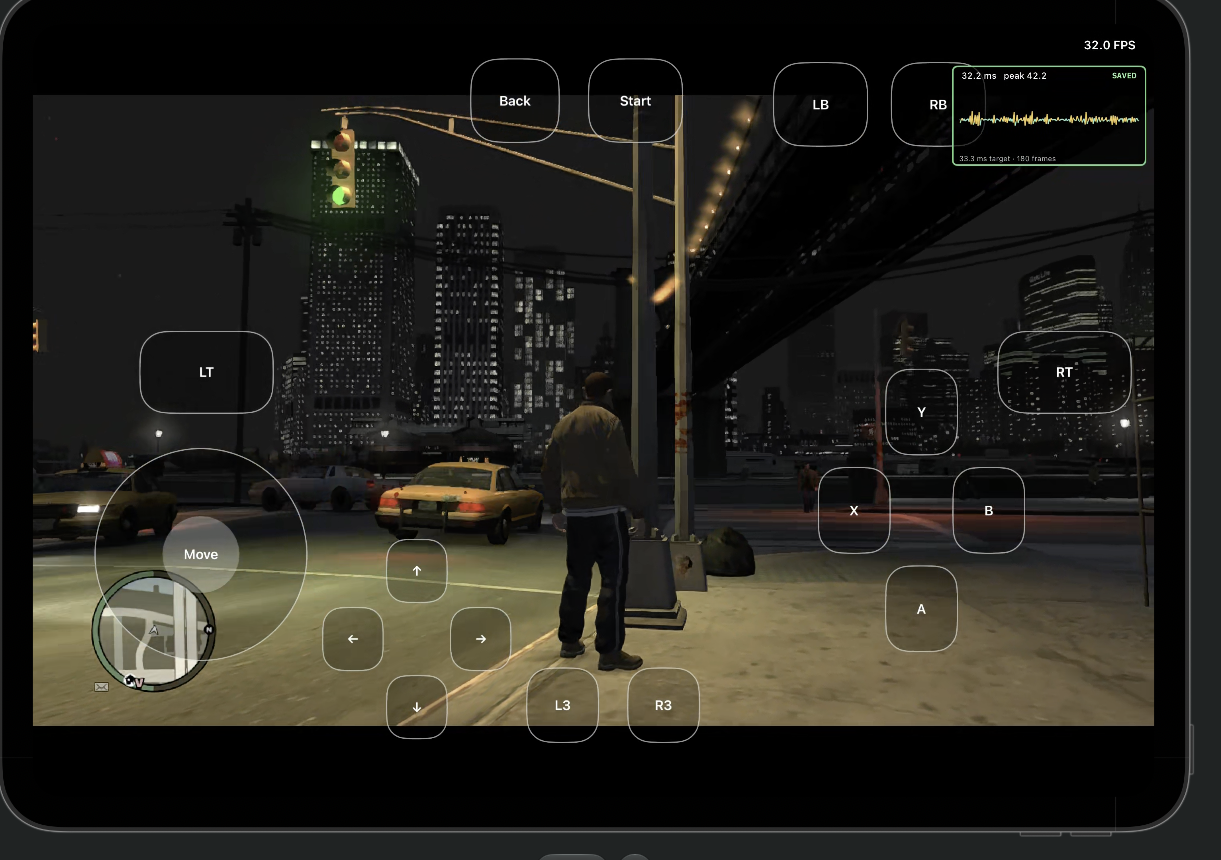 Theft4 gameplay screenshot with FPS and the green SAVED indicator on the frame-time graph
