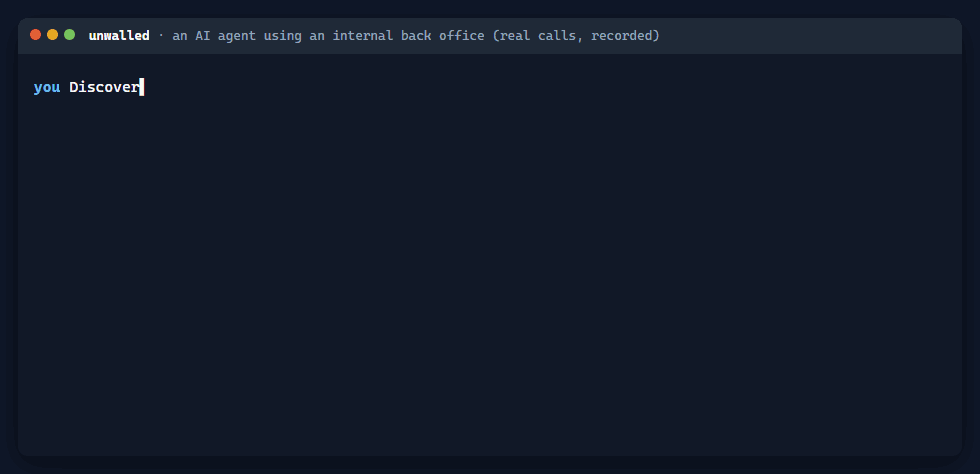 An agent signs in to an internal back office once, then answers questions through generated tools