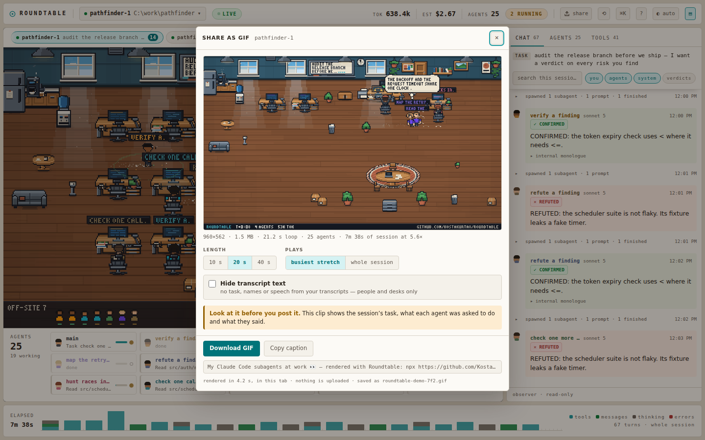the Share dialog: a 20-second GIF of the session rendered in the tab, with its length, the stretch it plays, a switch that hides transcript text, and a note to look before posting