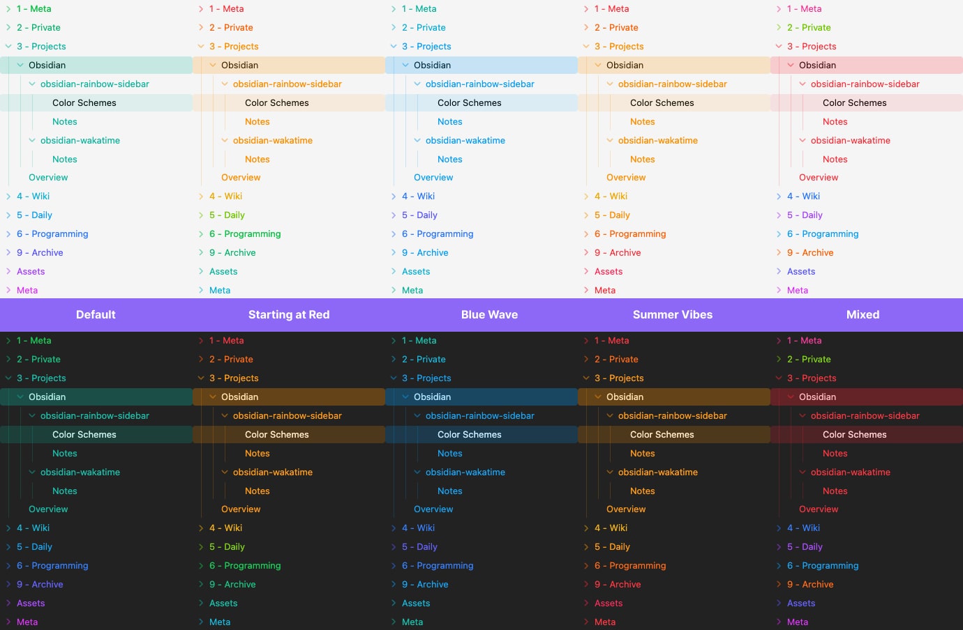 Screenshot of some color schemes in Obsidian