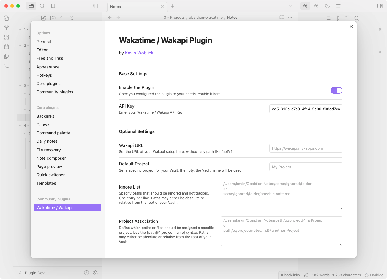 Screenshot of the Wakatime / Wakapi plugin in Obsidian