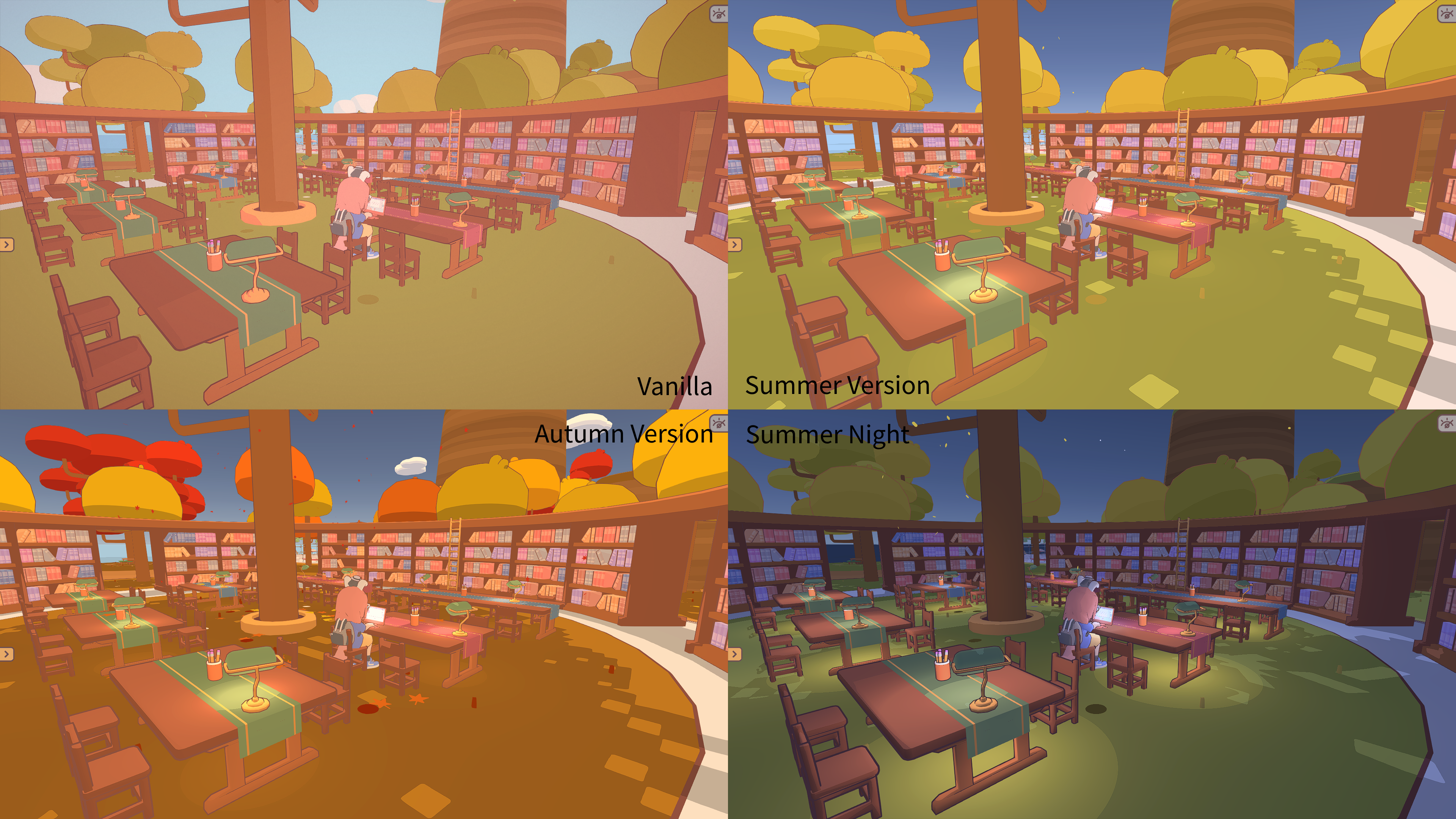 Four moments on the island: summer day, autumn day, night, and dawn