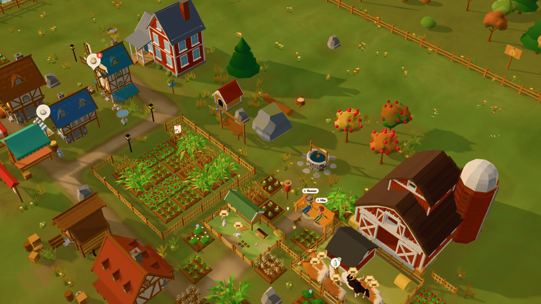 Harness Hollow: a busy farm seen from above, with crop fields, a red barn and two farmers on a bench