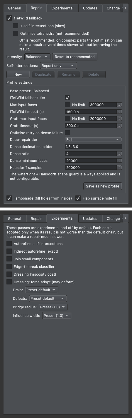 Options → Repair: Tamponade and Flap on by default