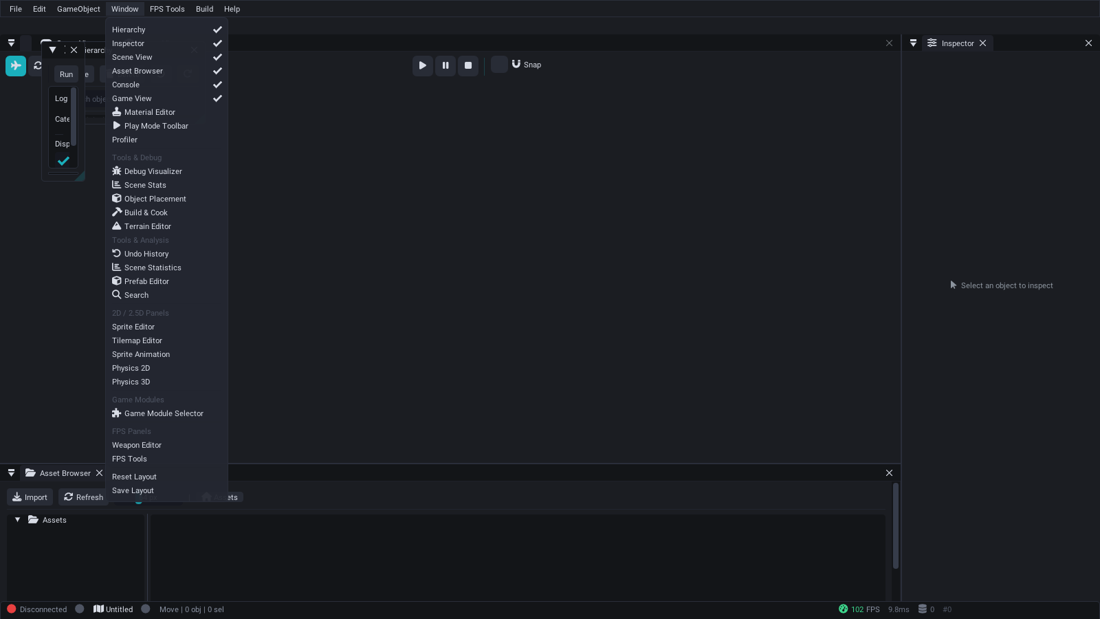 Window menu showing all panels