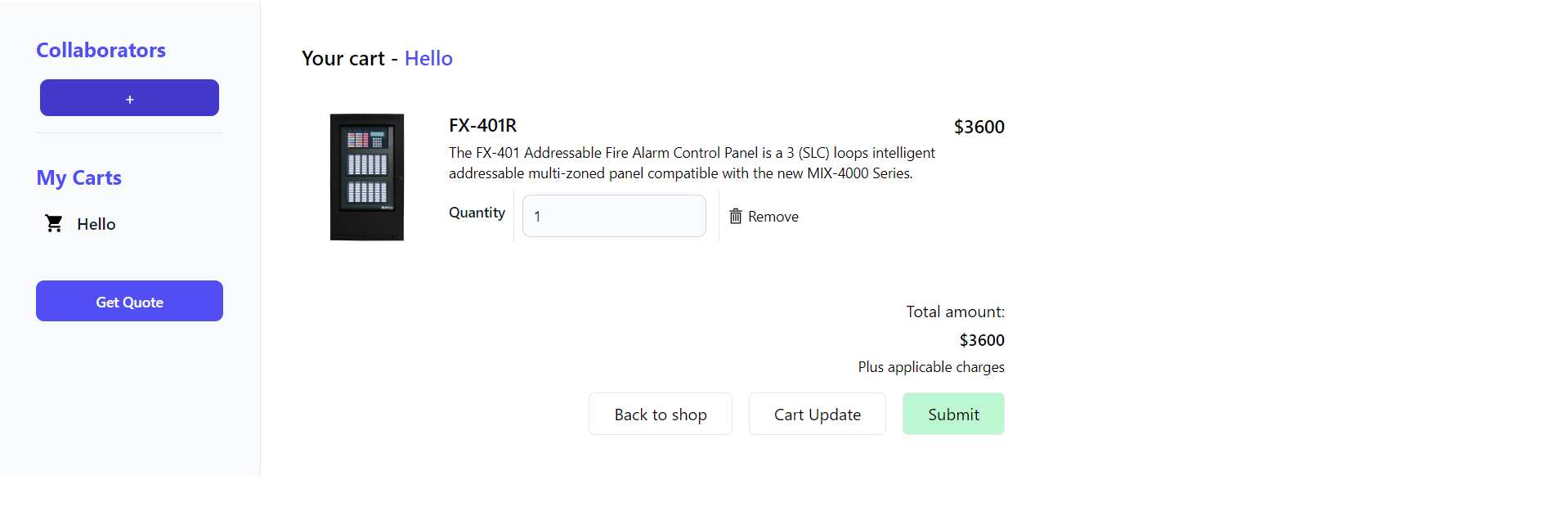 Webpage for carts, displaying collaborator and added product