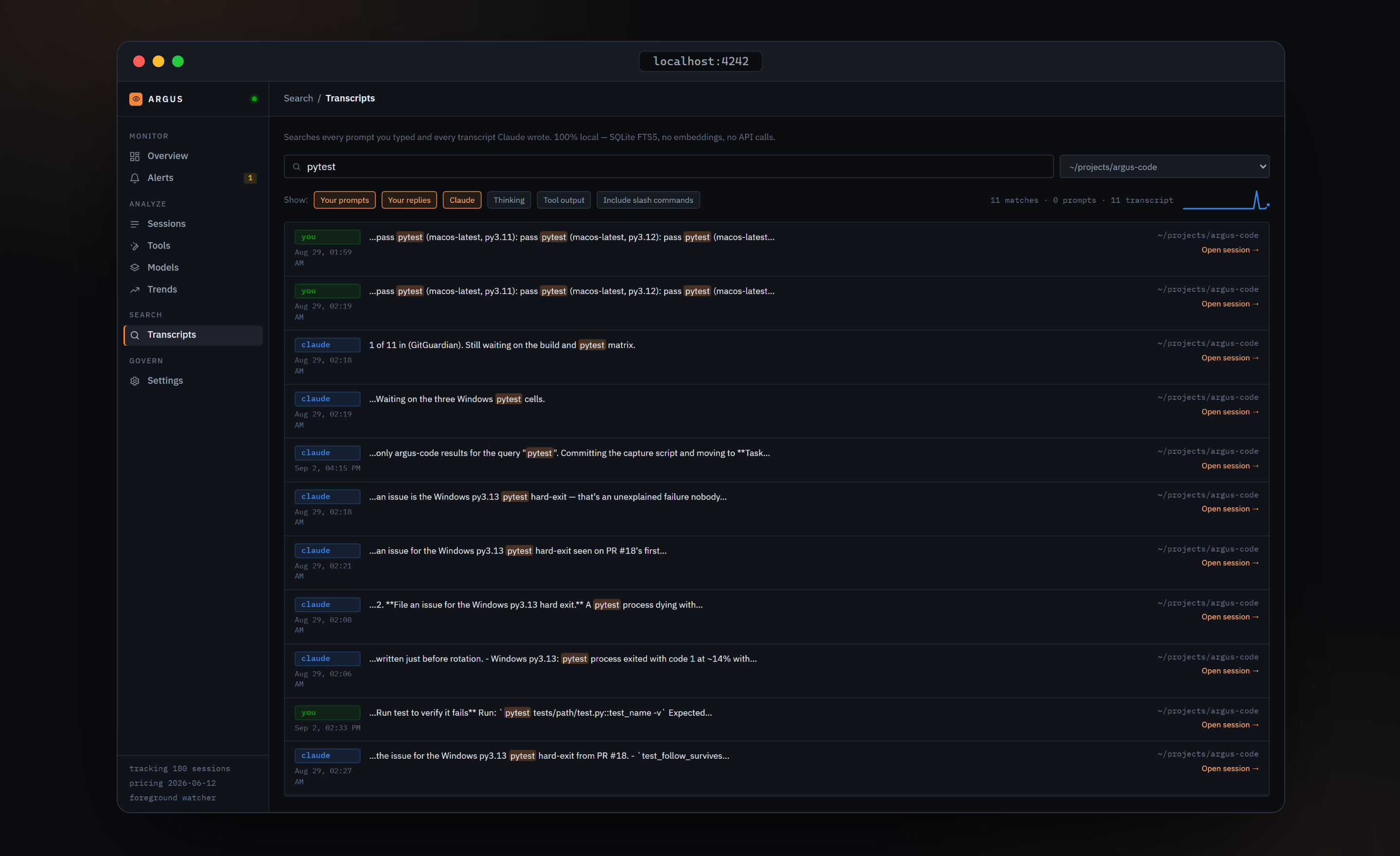 Transcripts search: query box, project filter, role chips, match summary with sparkline, and result rows