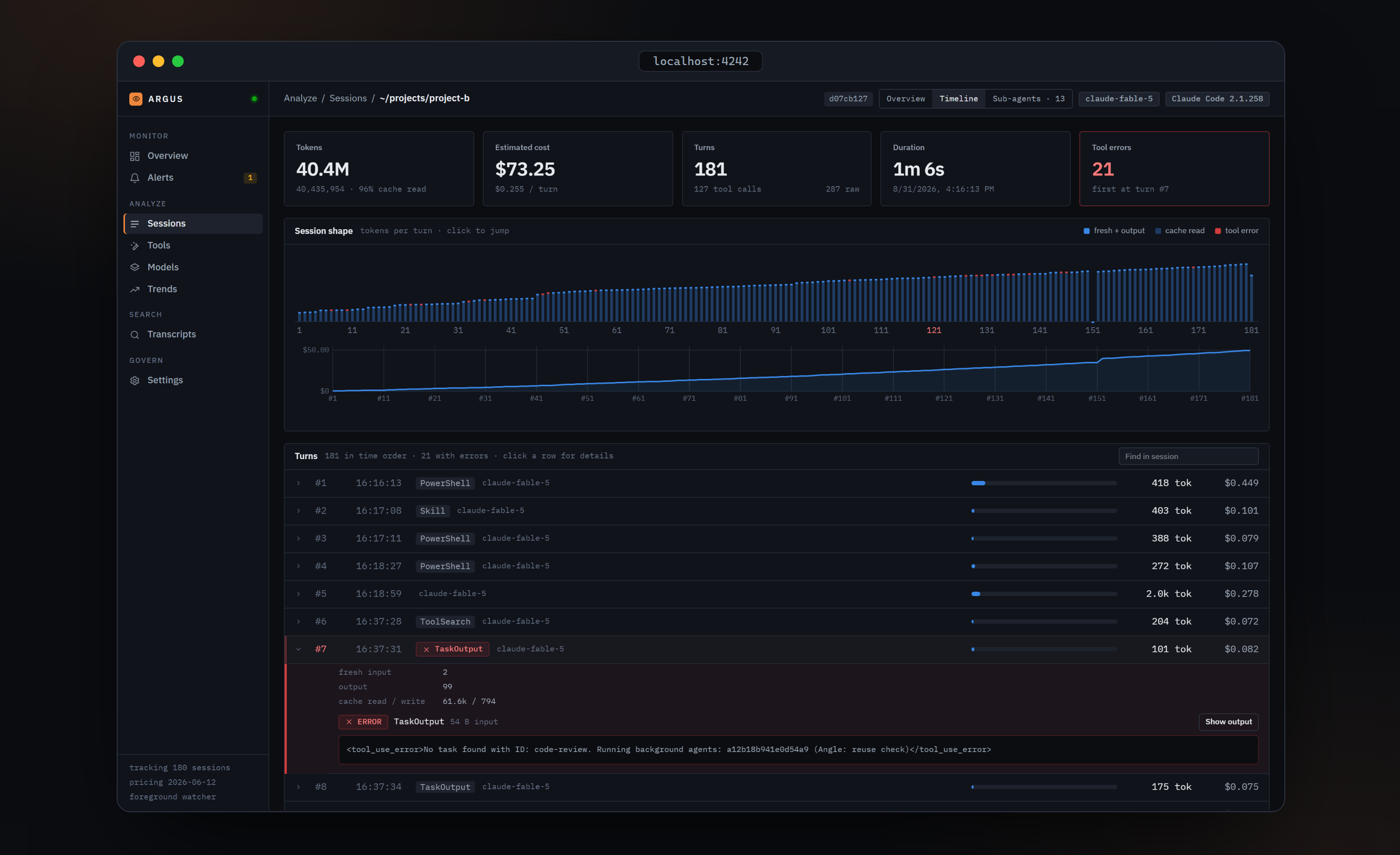 Session detail on the Timeline tab with one turn expanded, showing its token split and a failing tool call with its error text