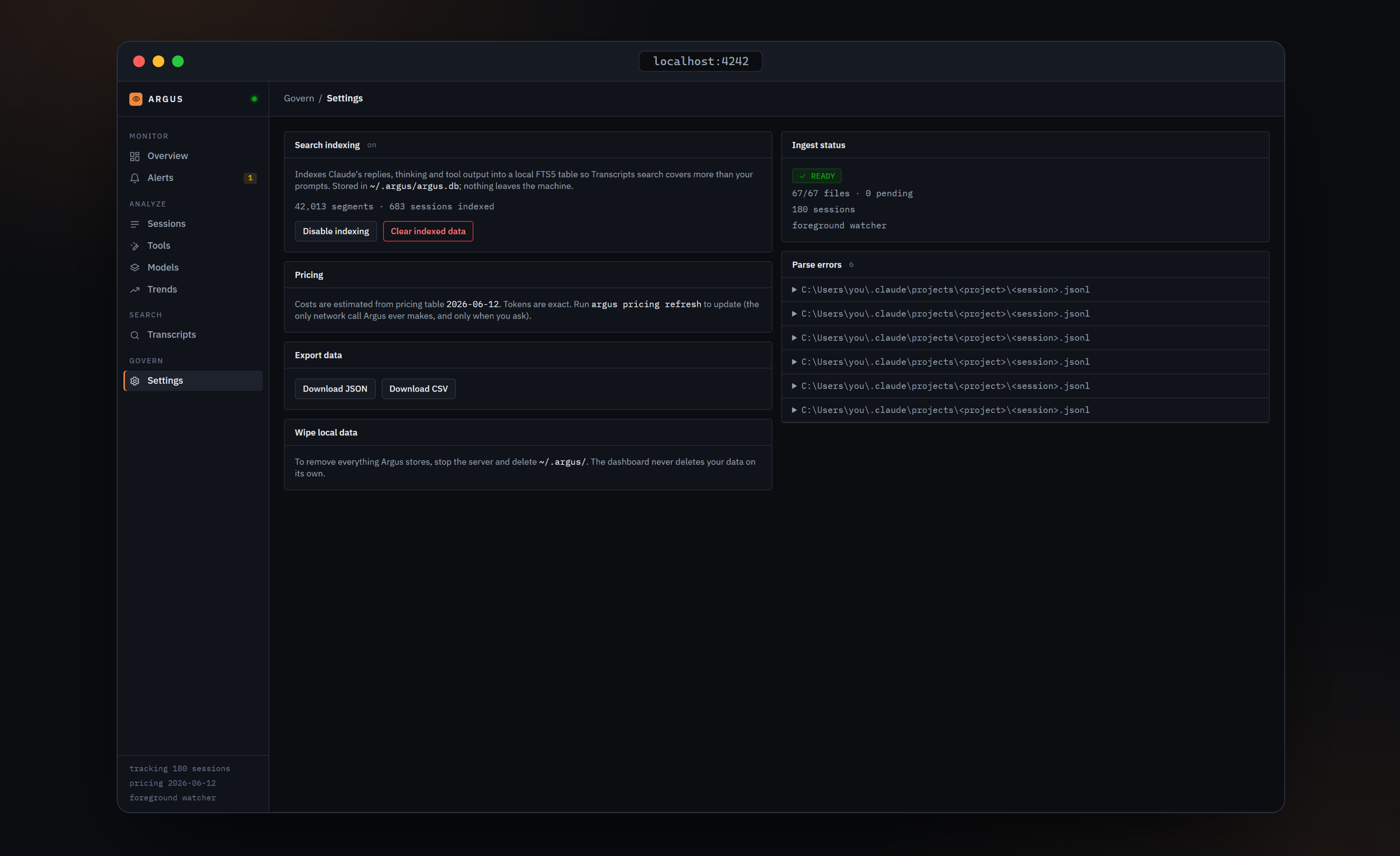 Settings: search indexing, pricing, export and wipe panels on the left; ingest status and parse errors on the right