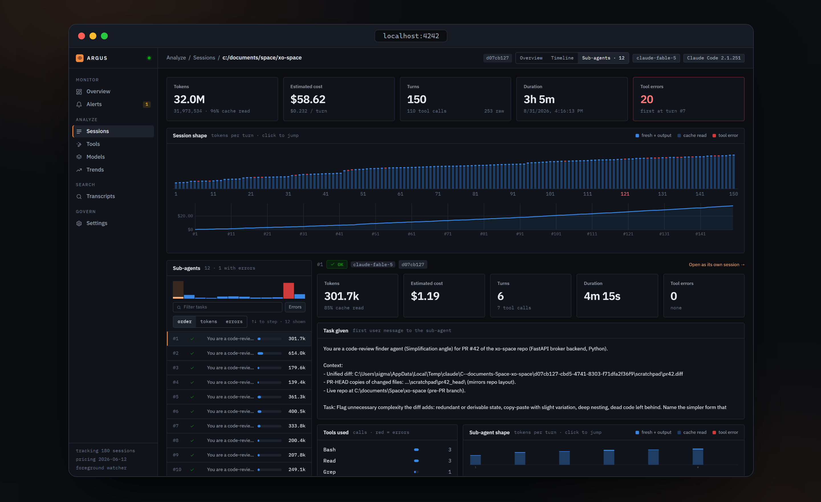 Sub-agents — task given, tools used, per-agent shape and cost