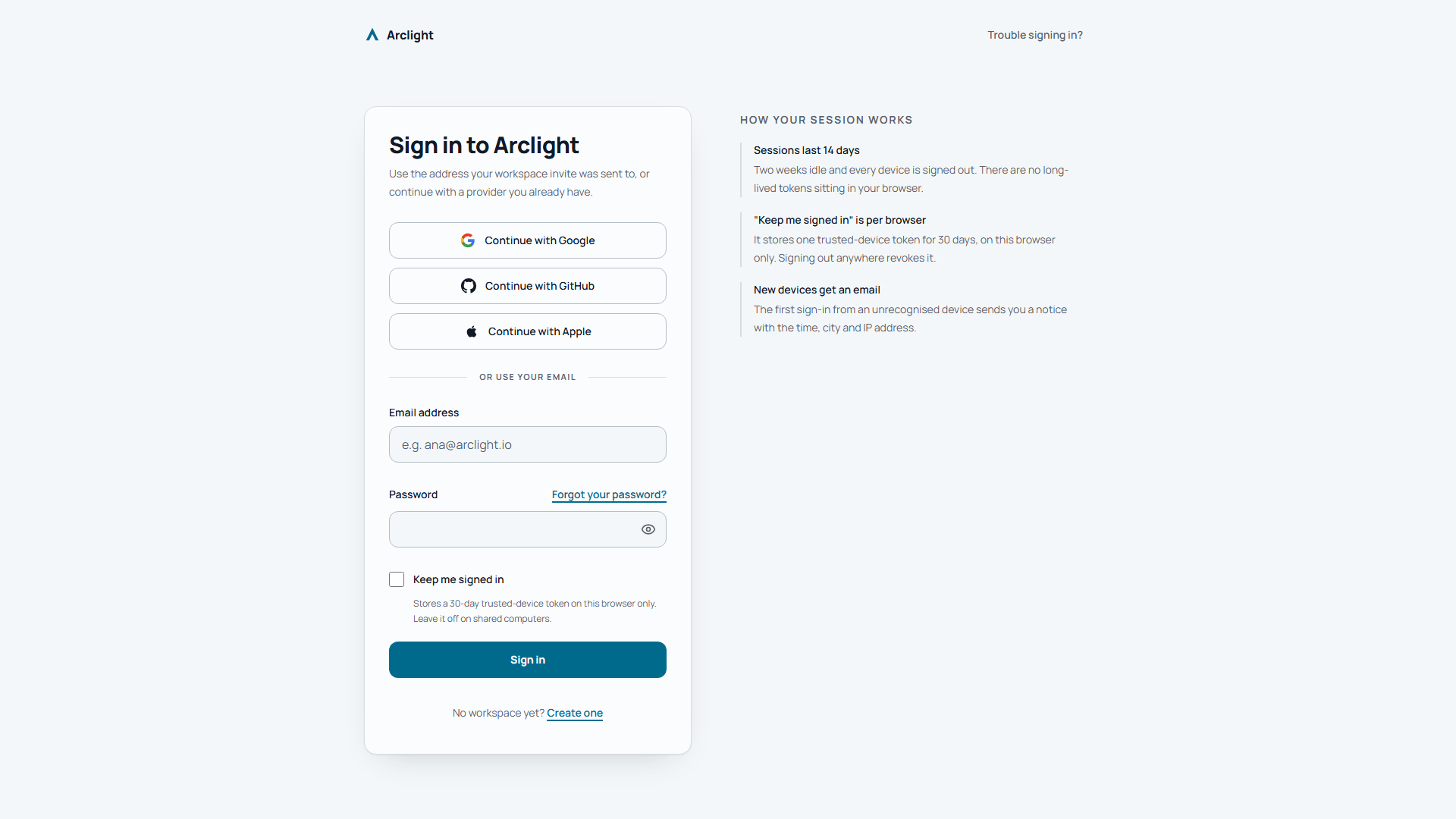 Arclight sign-in — OAuth provider buttons, email and password fields, and a panel explaining how sessions work
