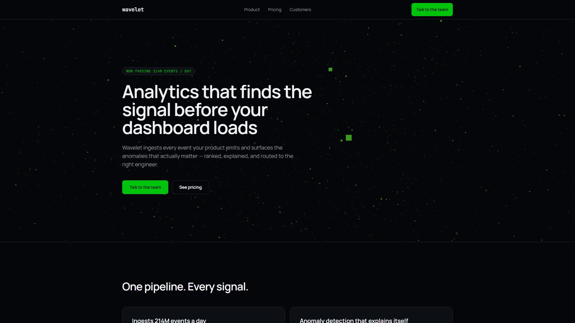 Wavelet showcase — dark analytics landing page with a WebGL particle hero, asymmetric bento grid and acid-green accents