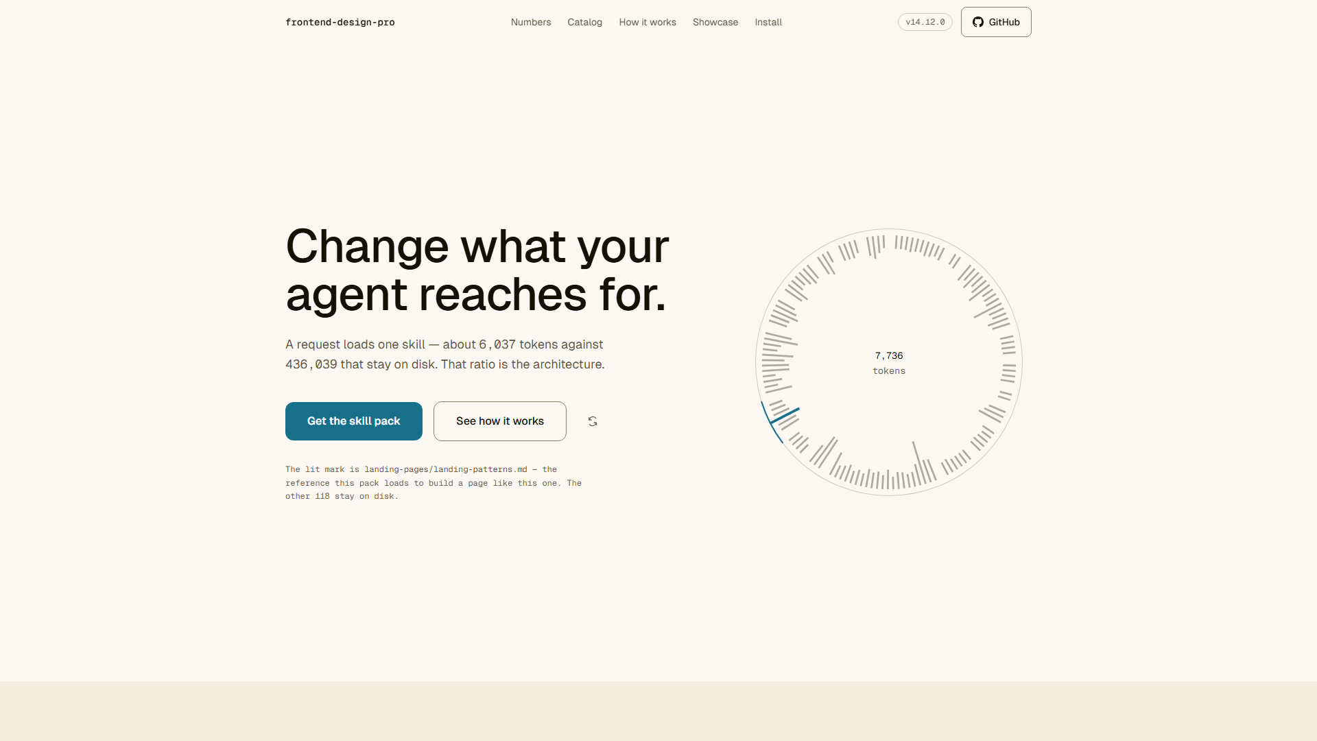 frontend-design-pro's own homepage — warm off-white ground, a single WebGL-lit object of stacked strata turning behind the real headline 'Change what your agent reaches for.', and the same marine-blue accent carried through every call to action on the page