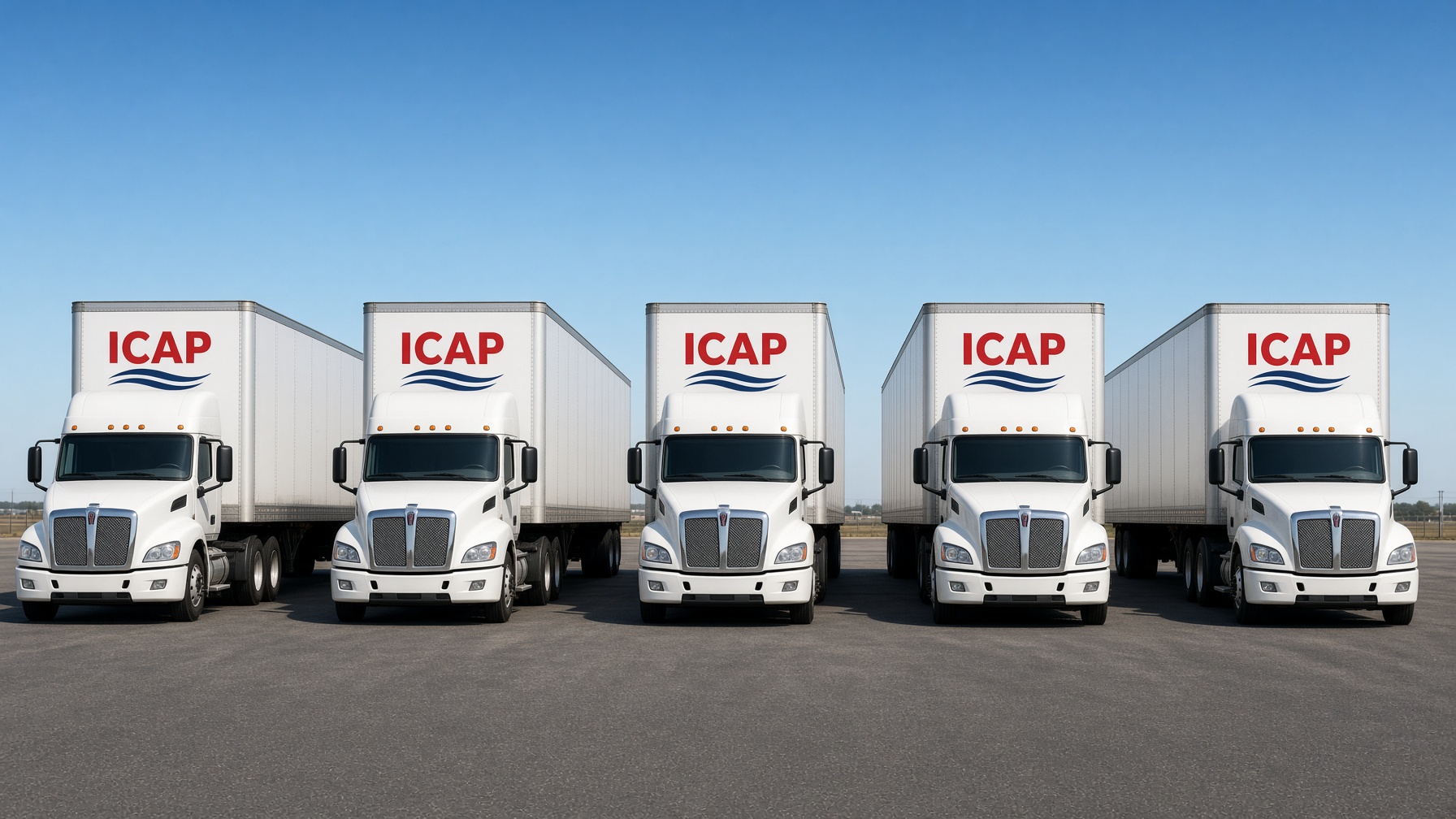 ICAP Transport fleet standing in a file — trucks with ICAP on the trailers