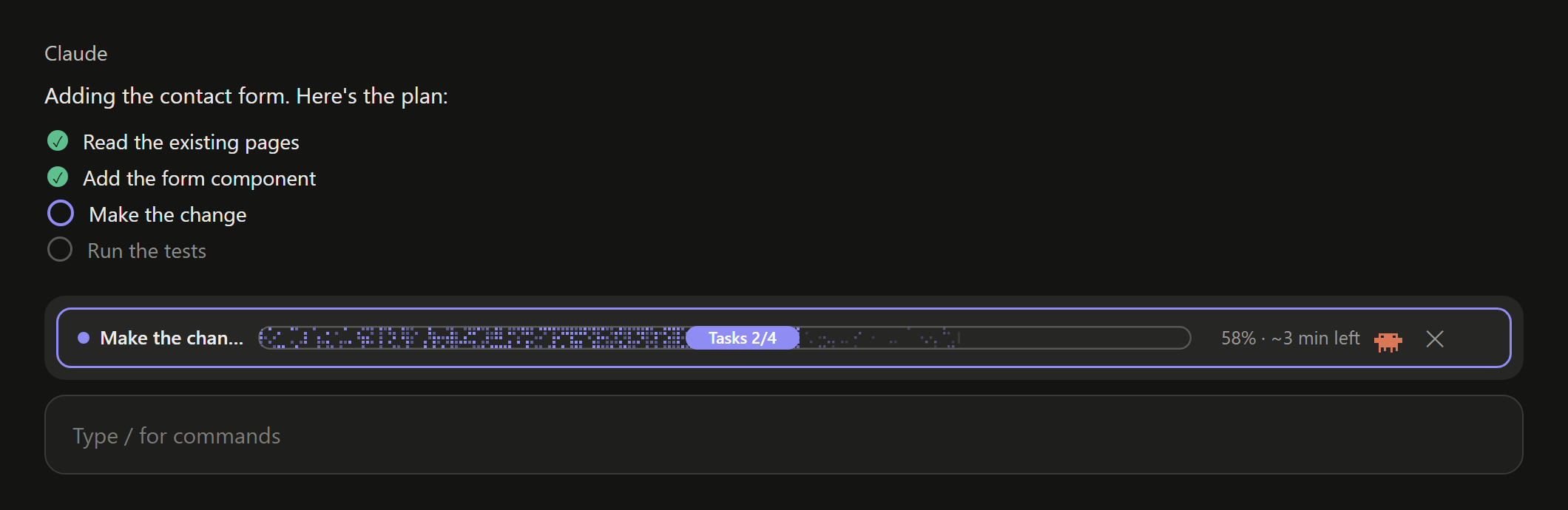 pixel-progress in Claude Code: a pixel progress bar above the prompt box reading "Make the change, Tasks 2/4, 50% · ~3 min left" while Claude works through a four-step plan