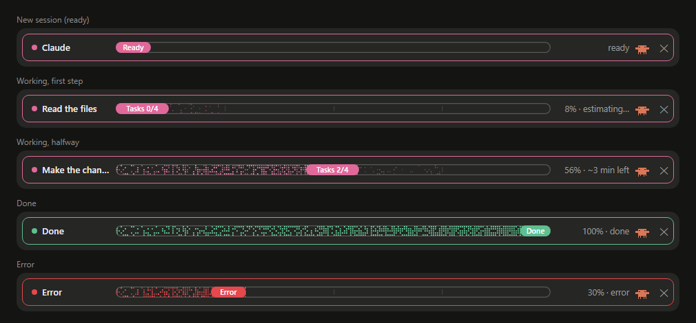 The pixel-progress bar in every state: a new session showing Ready, working with the time left estimating, halfway with about 3 minutes left, done in green, and an error in red