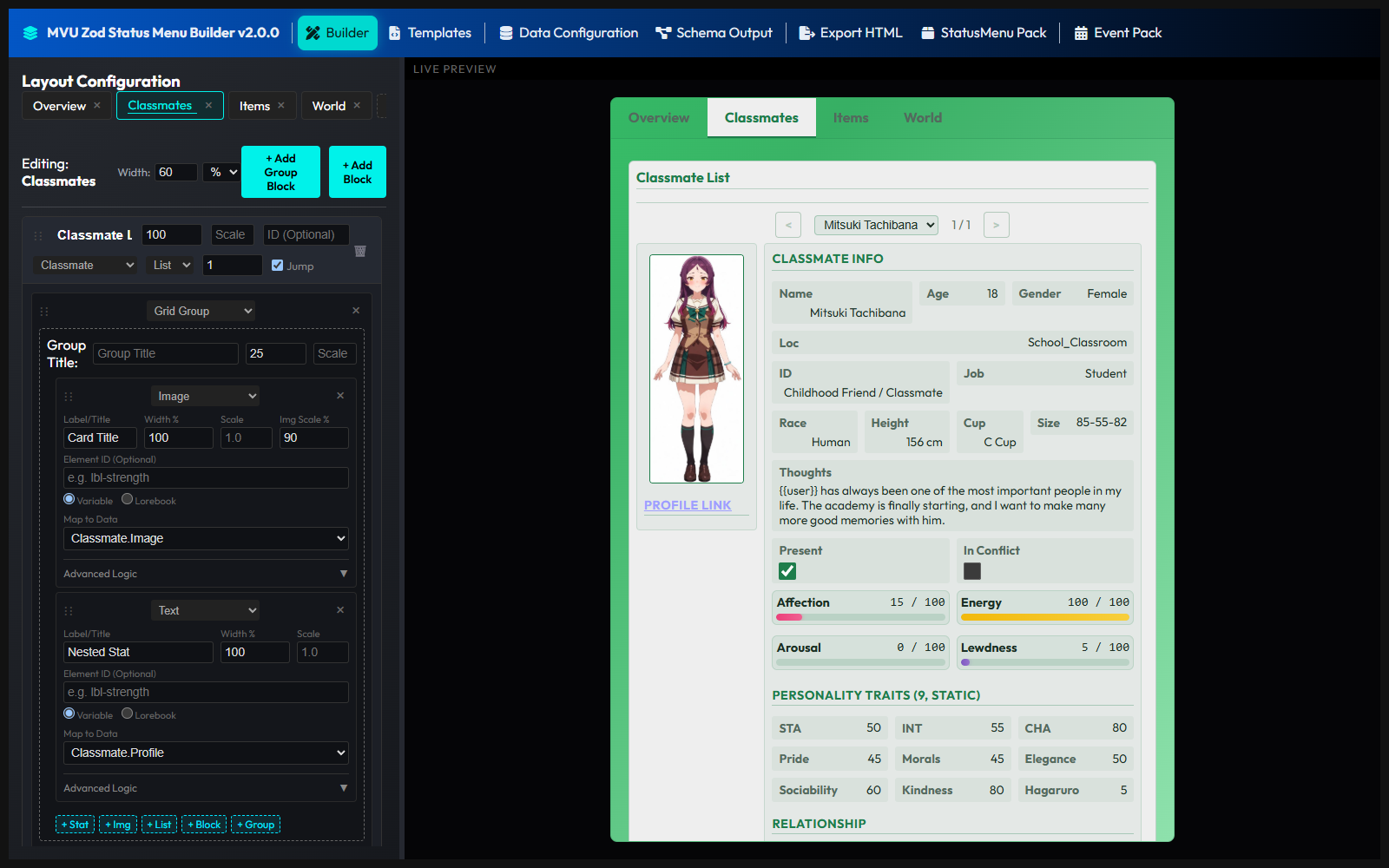 The Builder page drawing ArtificKoi's Classmates tab, with the live preview