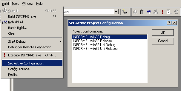 Screenshot of Visual C++ showing the Build > Set Active Configuration menu, and the Set Active Project Configuration dialog box