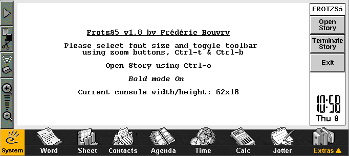Screenshot of FrotzS5, a text-adventure interpreter for Psion devices