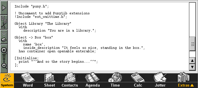 Screenshot of an Inform6/PunyInform text file being edited on an EPOC32 emulator
