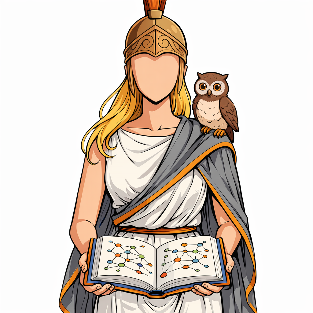 Athena with her owl companion, holding an open book showing a knowledge graph