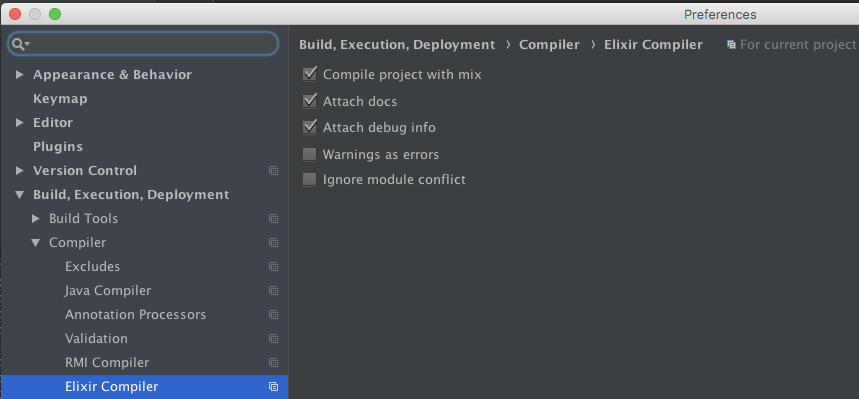 Build, Execution, Deployment > Compiler > Elixir Compiler