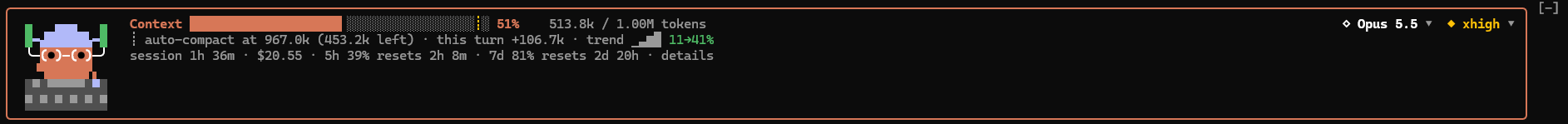 context-meter above the Claude Code prompt: Clawd in his xhigh glasses beside the fill bar at 51 %, the auto-compact headroom, this turn's growth and the trend, then the session's length, cost and rate limits