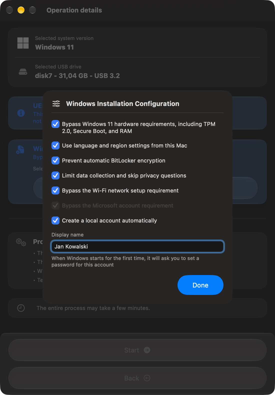 Windows setup configuration options