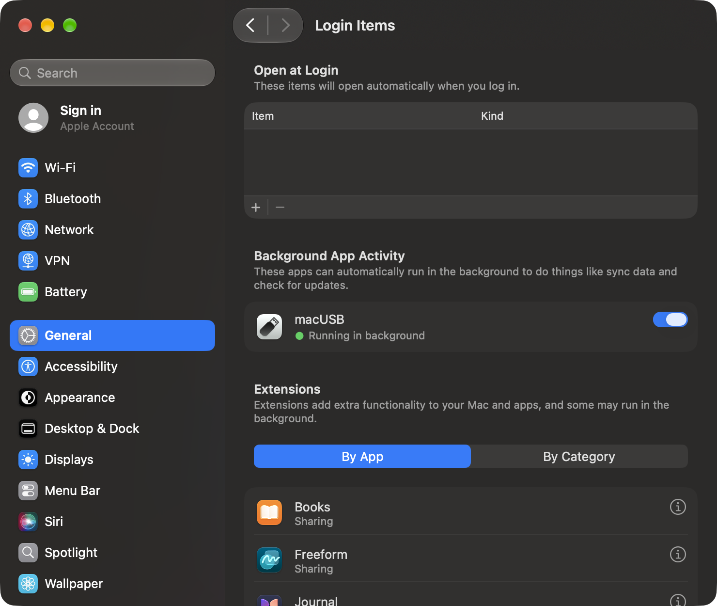 macOS Login Items settings with macUSB enabled in Allow in the Background
