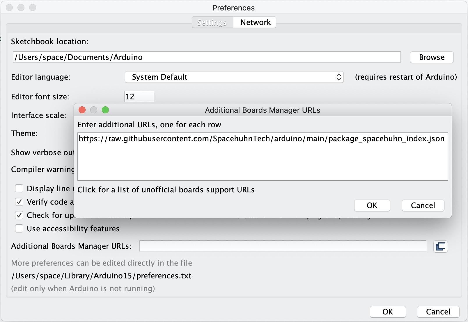 Arduino screenshot add board manager URL