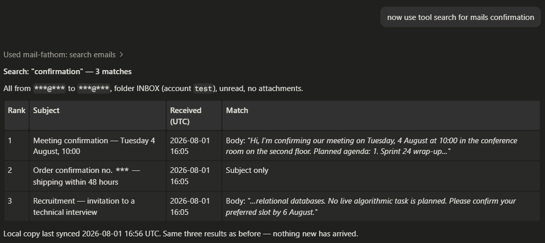 A search for the word confirmation, answered with three ranked matches, each carrying the fragment of the message that matched