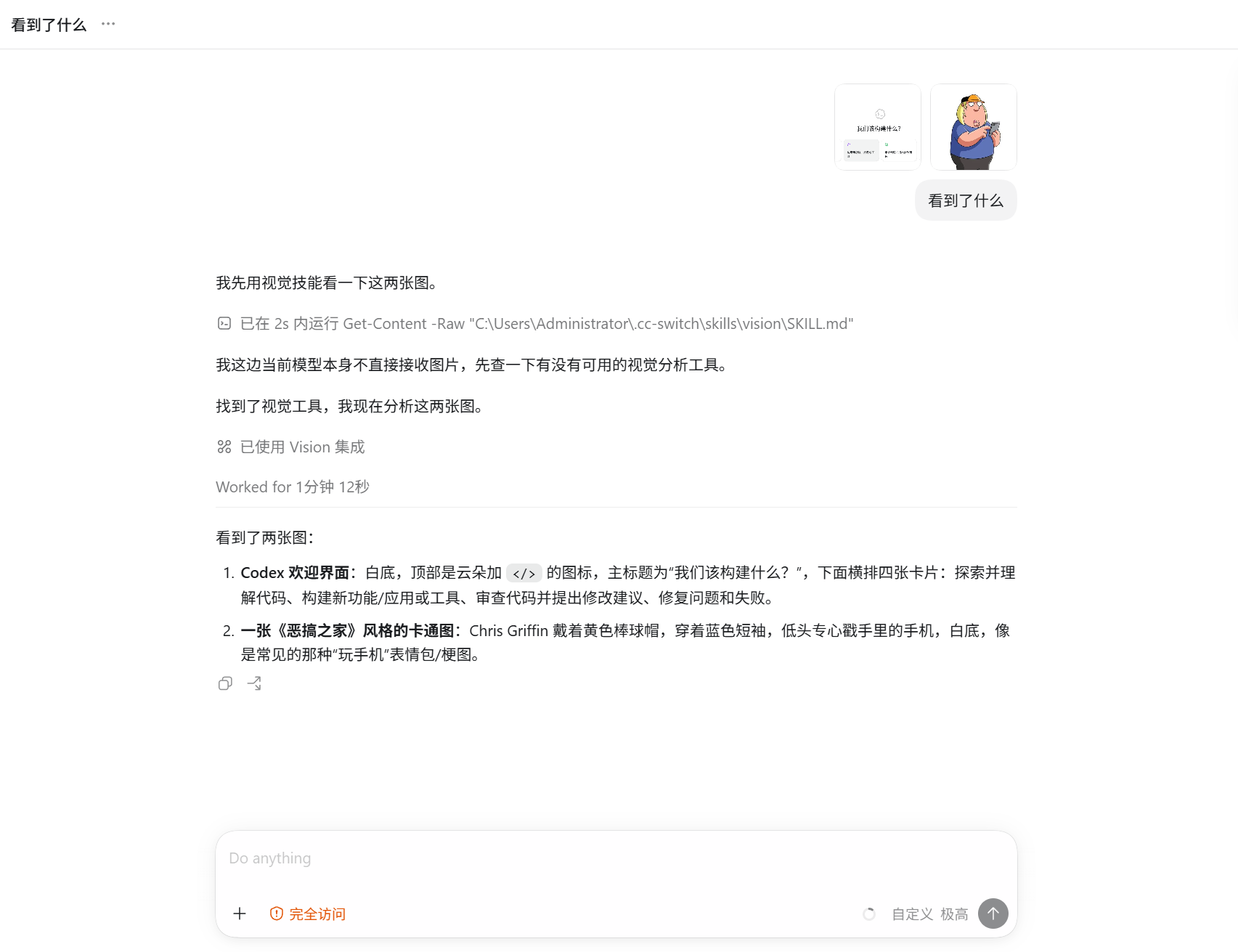 Pasting two images in Codex GUI — the agent correctly identifies both