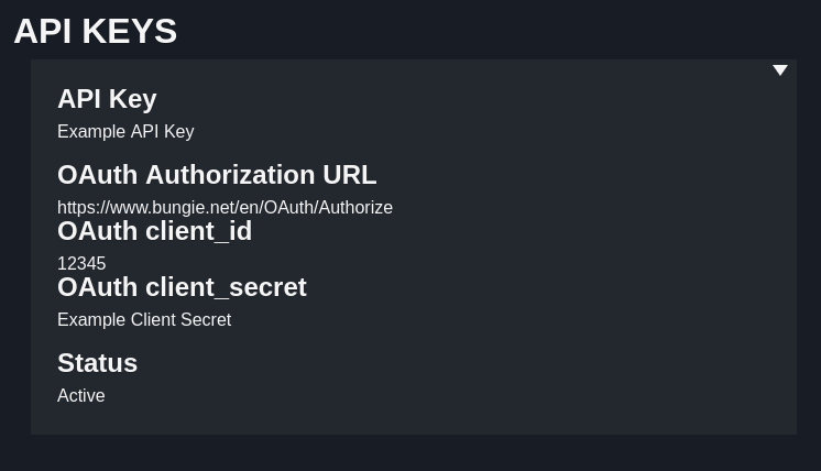 The saved application page, showing where the API Key, OAuth client_id and client_secret appear