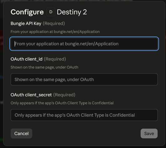 The Claude Desktop install dialog, showing the three empty configuration fields