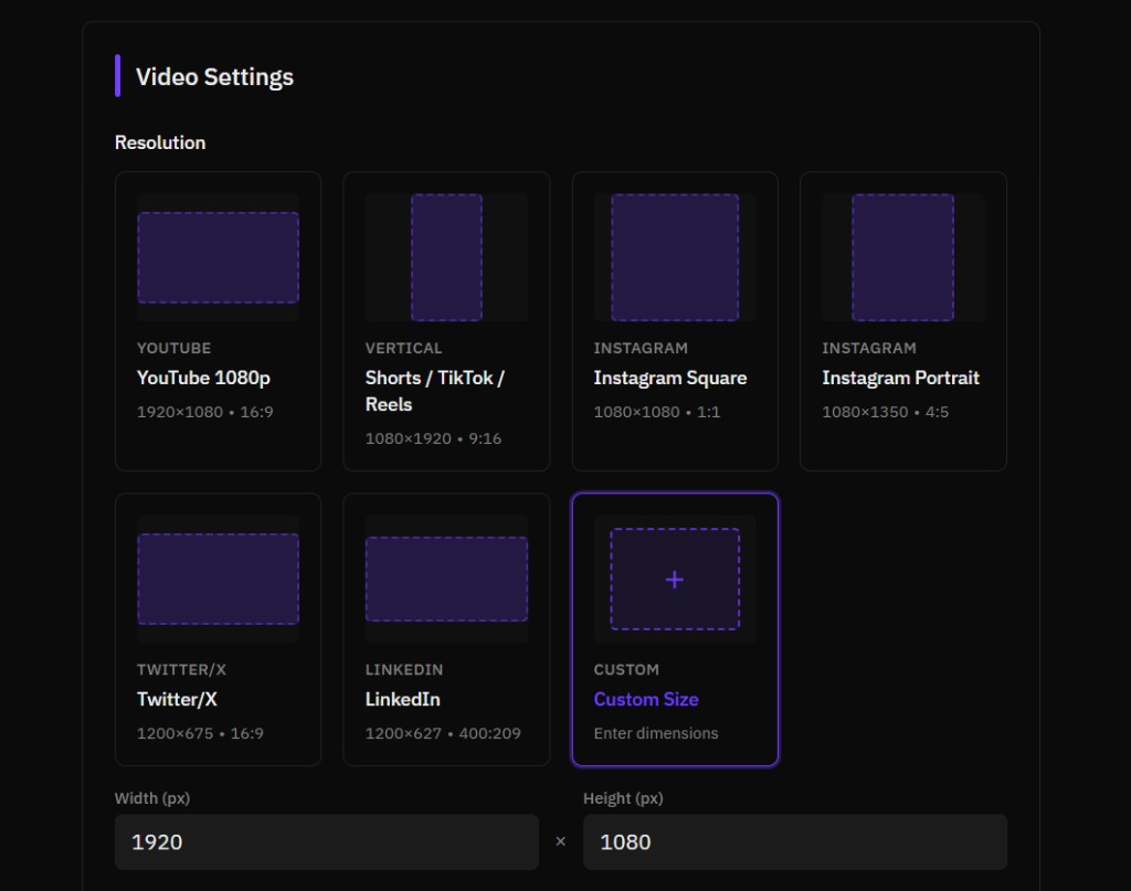 Video settings — presets and custom size