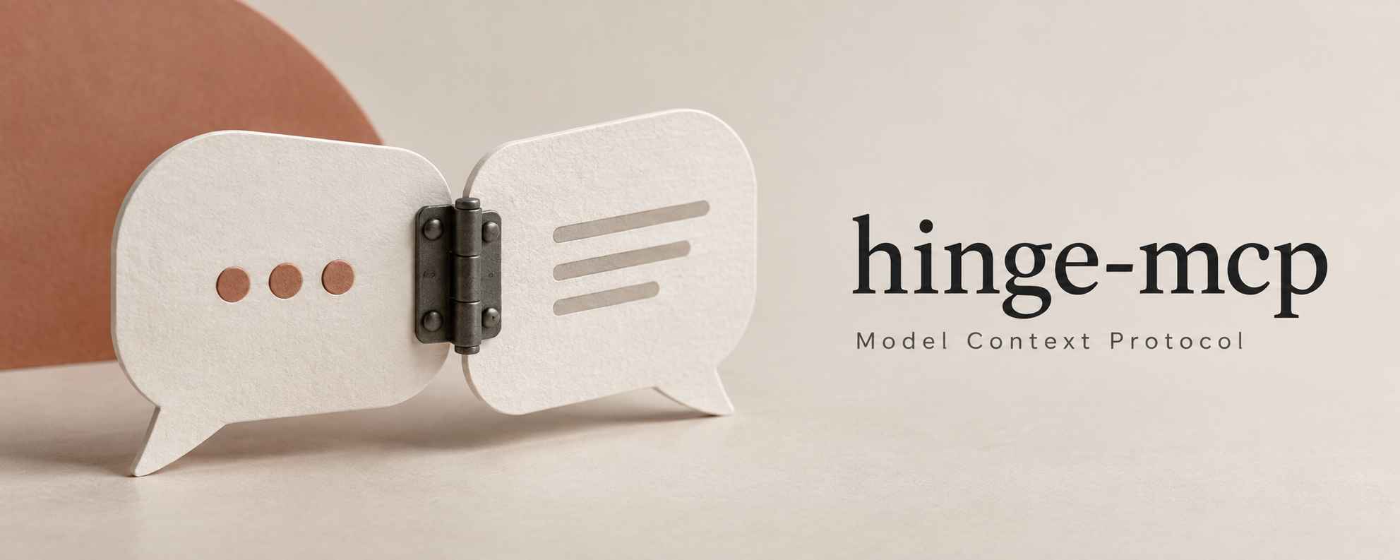 hinge-mcp — Model Context Protocol. Paper conversation shapes joined by a charcoal hinge.
