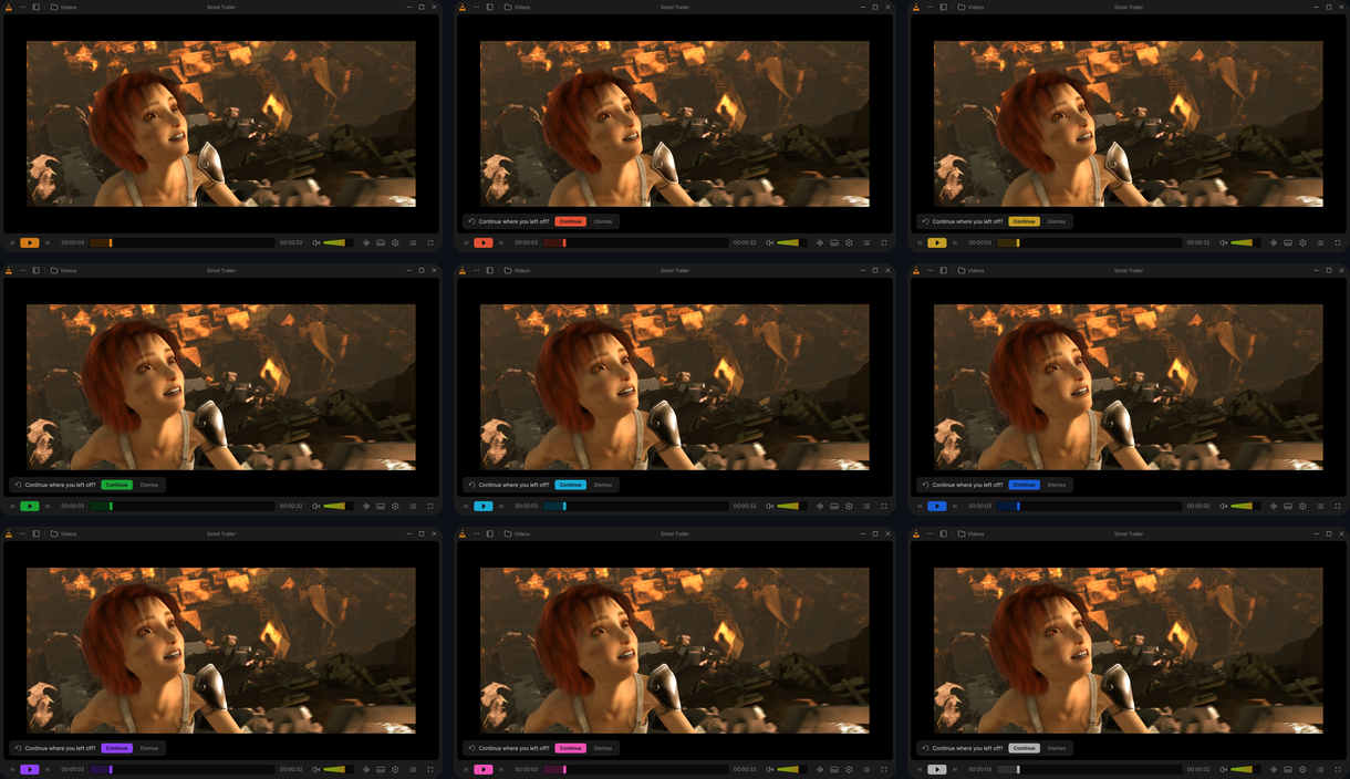 The player in the nine accent colours, dark theme
