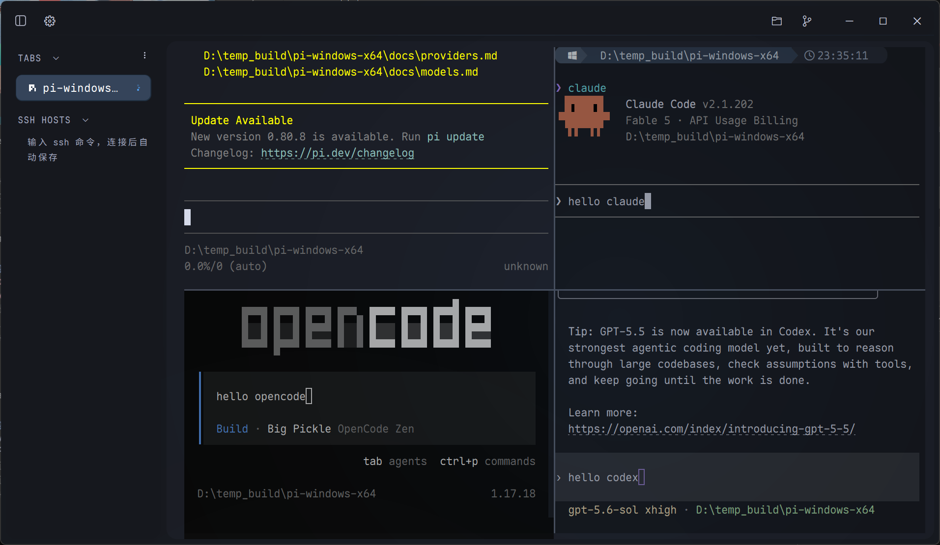 Nebula Terminal with OpenCode, Claude Code, and Codex in split panes
