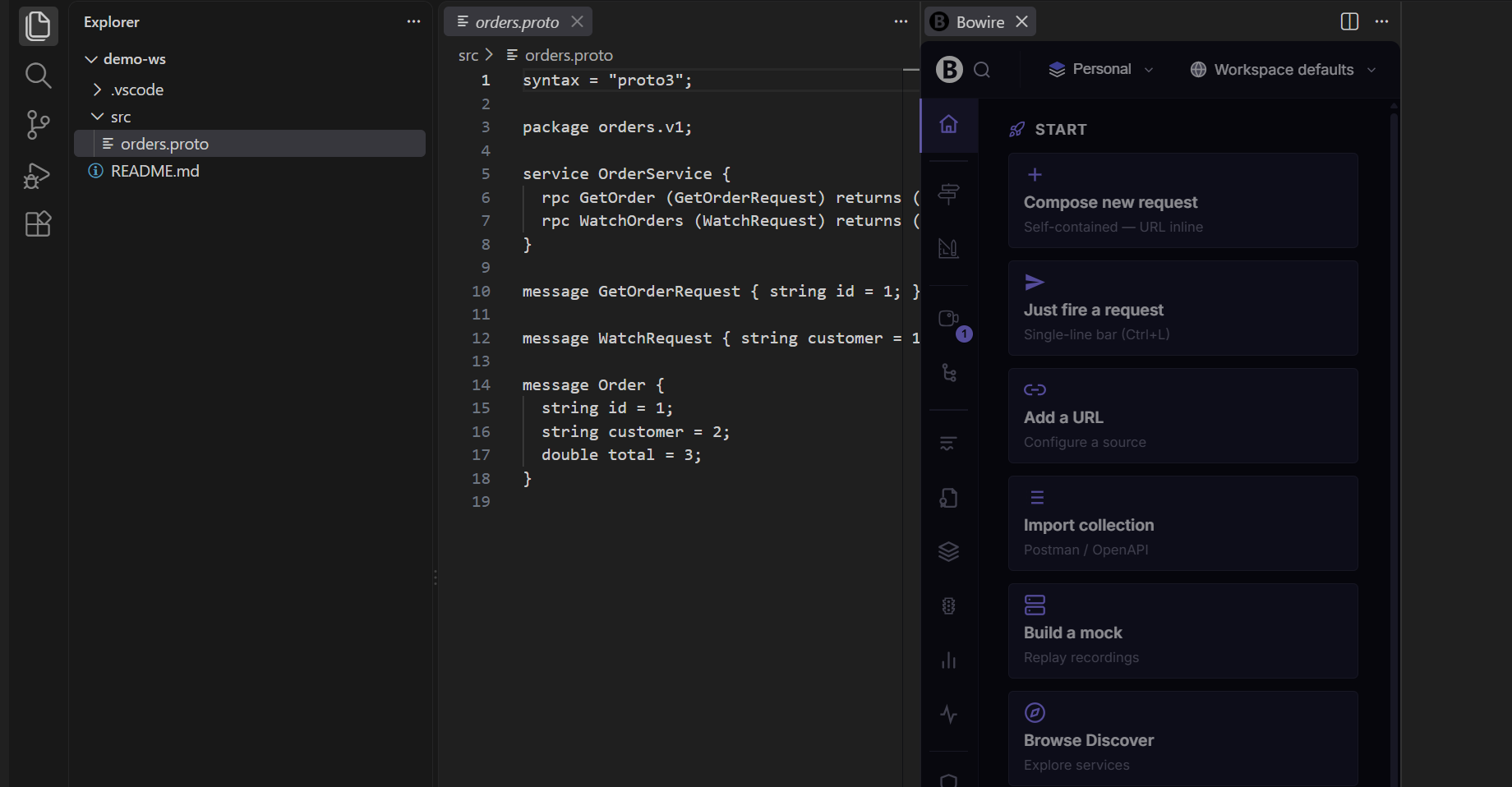 The Bowire workbench open beside a .proto file in VS Code