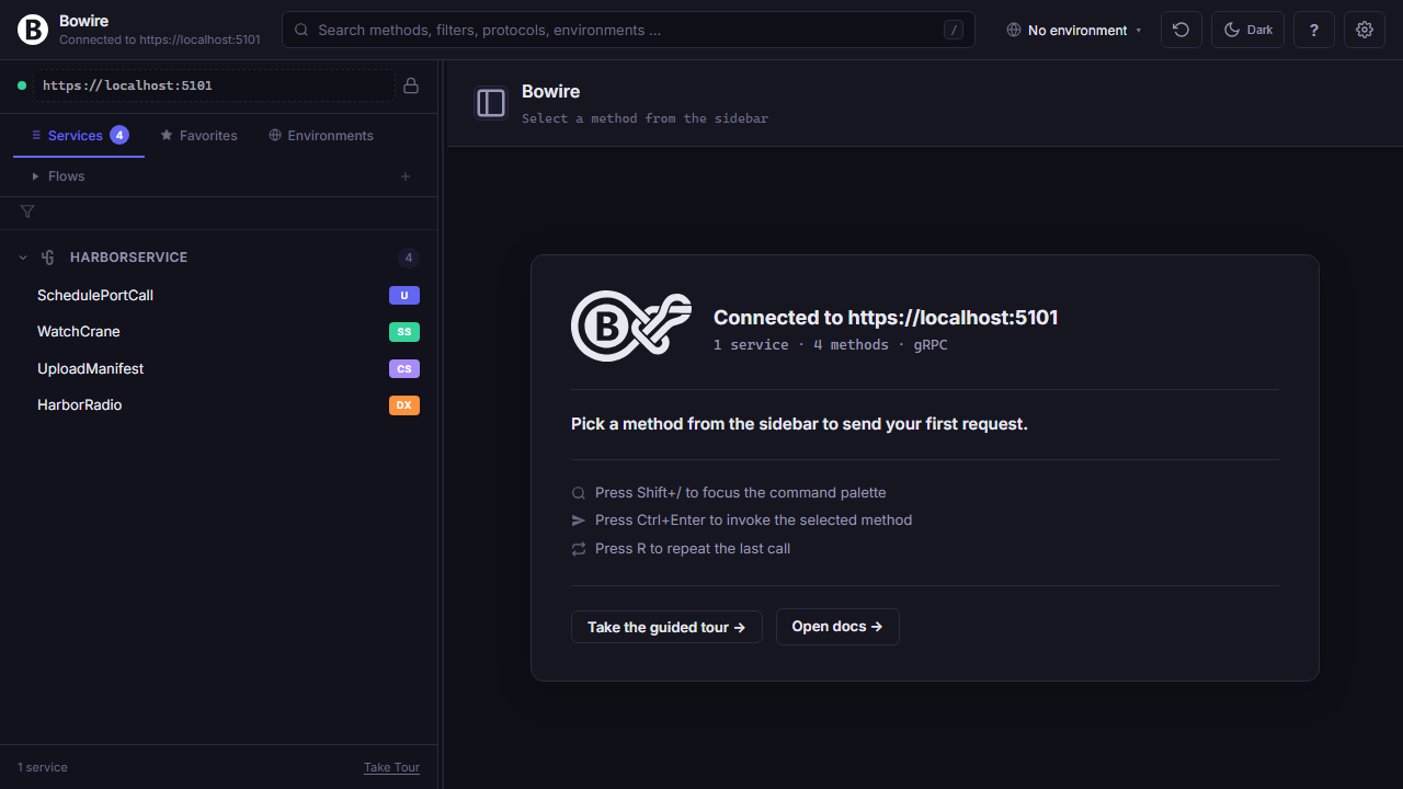 Bowire workbench — discover, invoke, stream, record across protocols