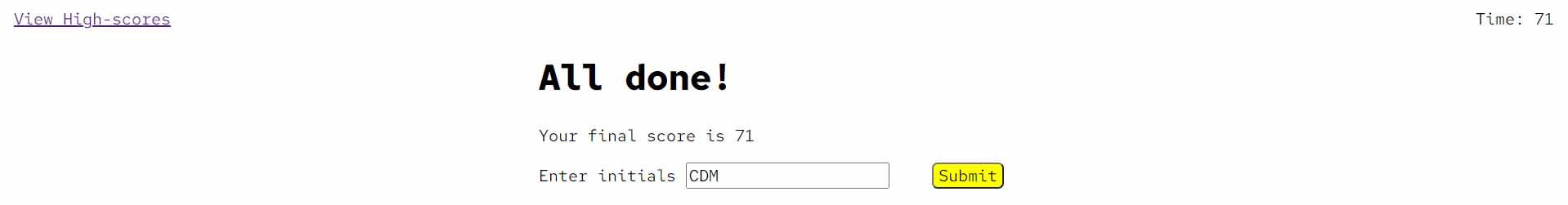 Submit your initials and score to save it