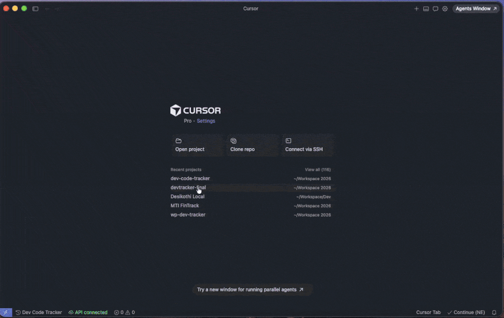 Dev Code Tracker — live status bar and dashboard