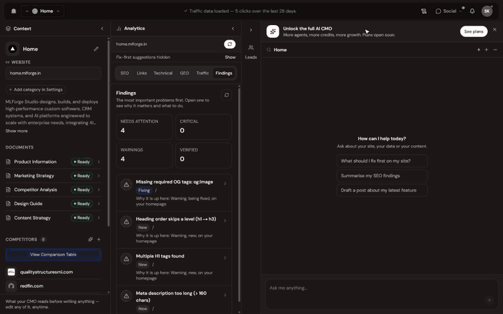 Marlo demo on the live app: Context documents, each Analytics tab, a finding, and the panels collapsing and reopening