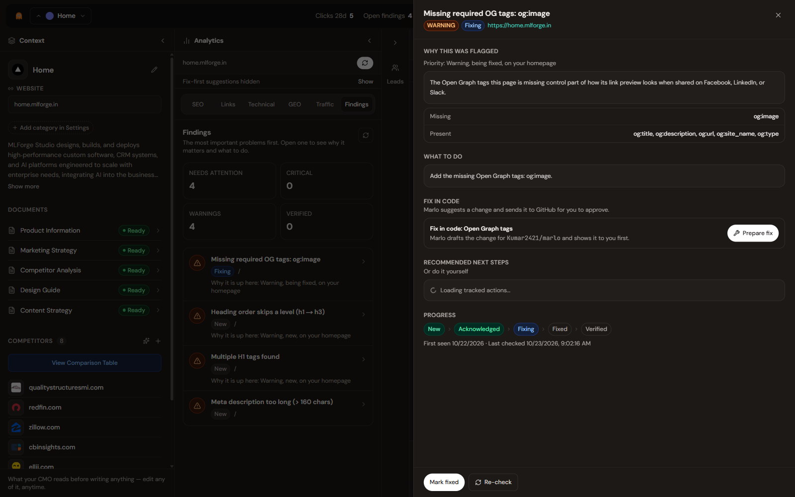 Finding drawer showing evidence, recommendation, Fix in code and Re-check