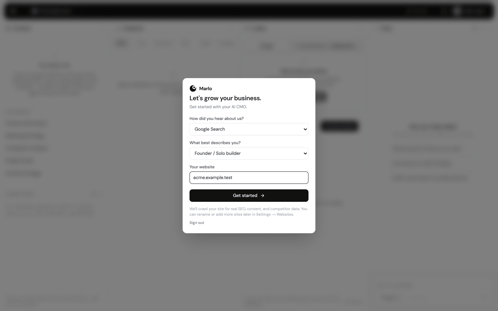 Onboarding dialog with a website URL entered