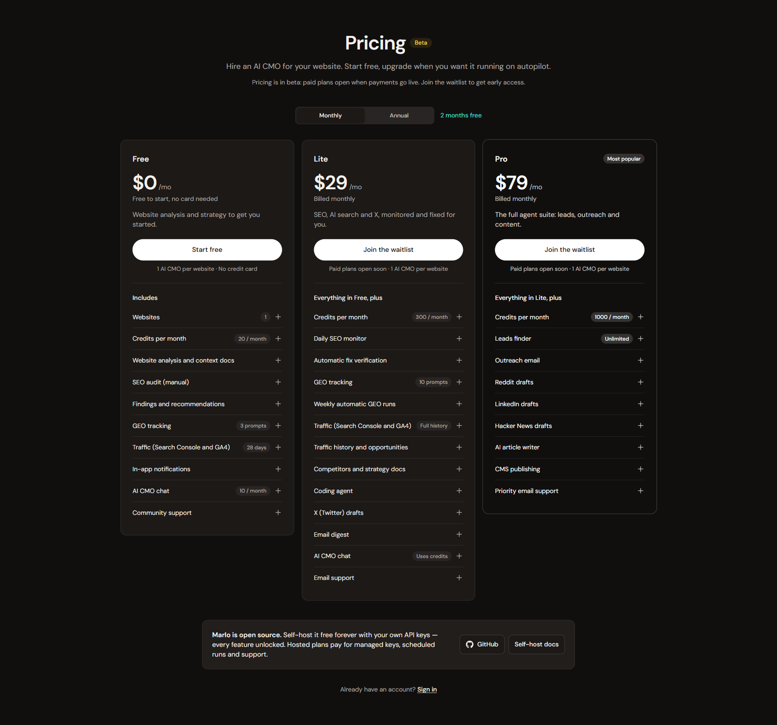 Pricing page with Free, Lite and Pro plans marked Beta