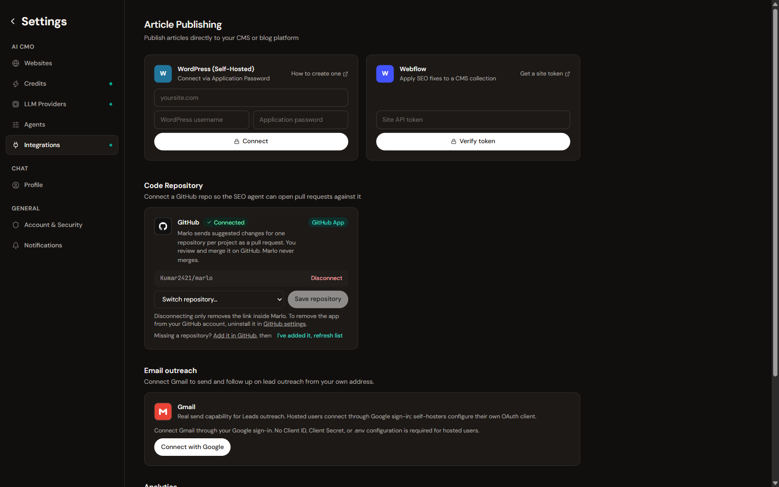 Settings page listing integrations and their connection state
