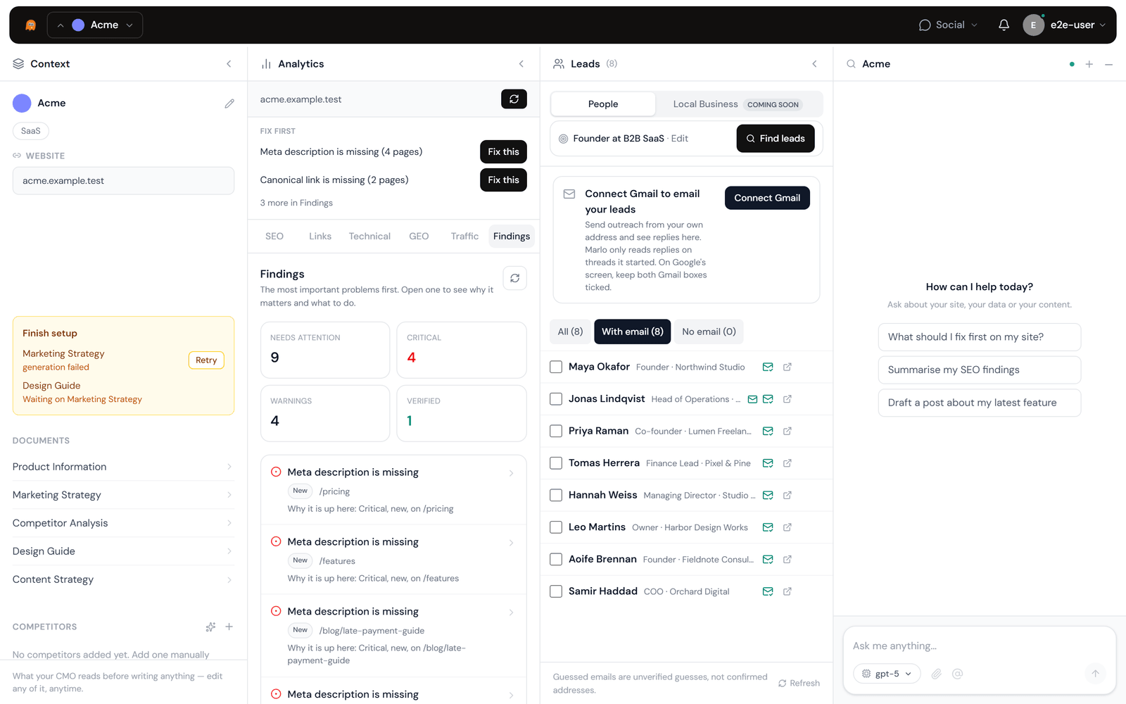 Finish-setup checklist with per-step status and Retry