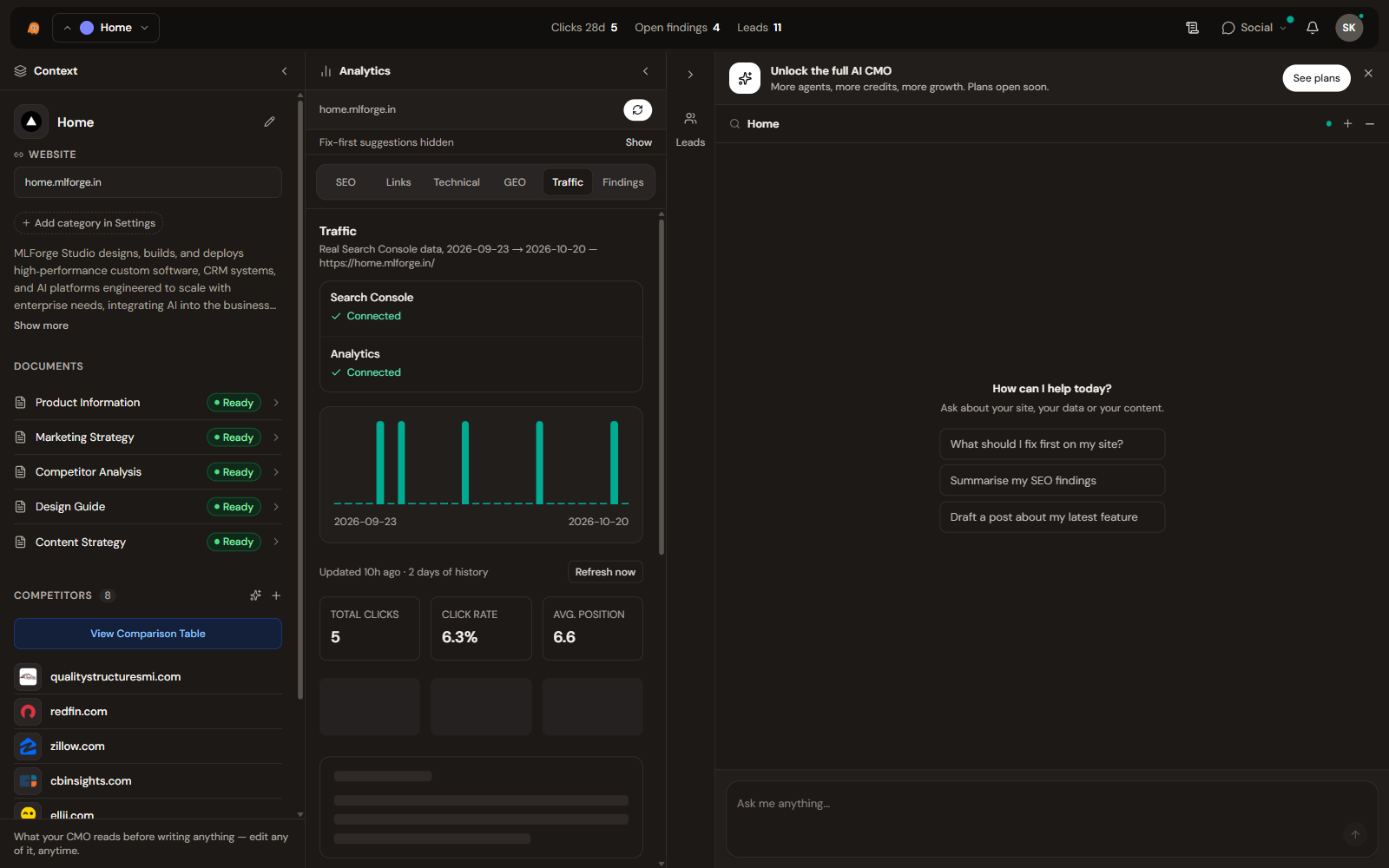Traffic tab with Search Console clicks and queries